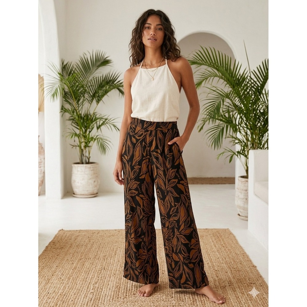 Industry Republic‎ Clothing Wide Leg Pants Large Black Brown Tropical Leaf Print